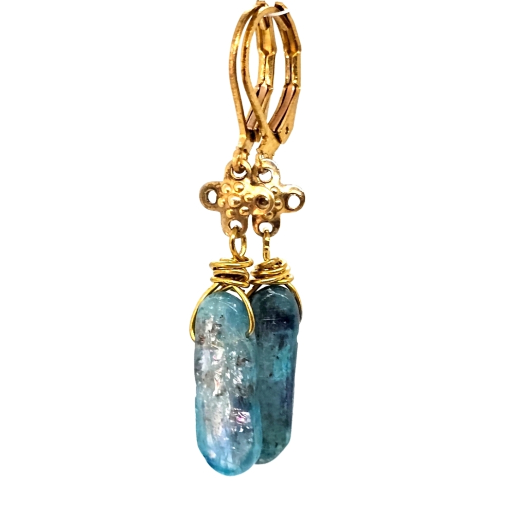 NWT Kyanite and Antique Gold Cross Finding Earrings with 18k Gold Wrap.